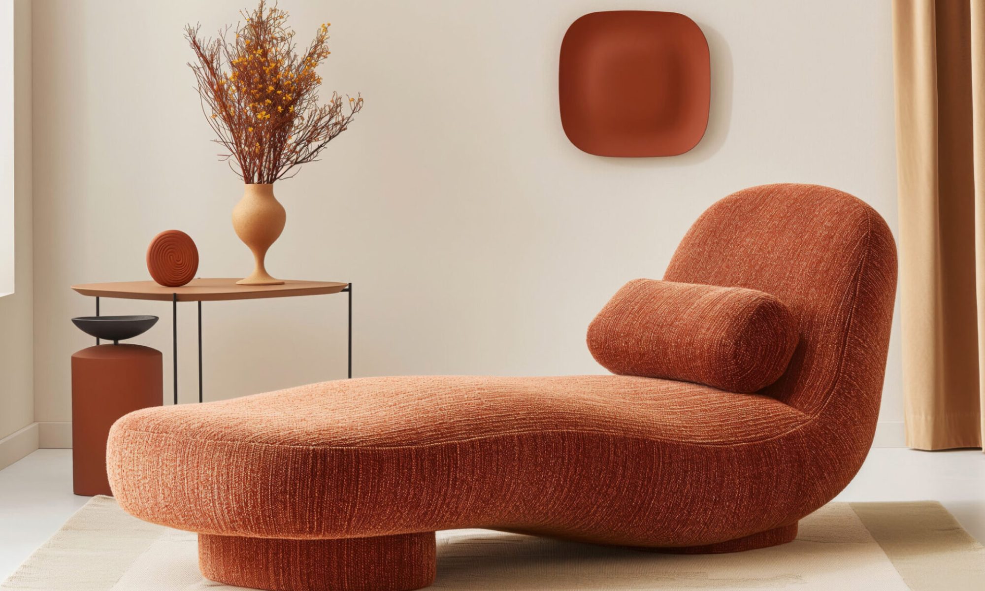 Contemporary orange chaise lounge adds a touch of elegance and comfort to a minimalist room setting